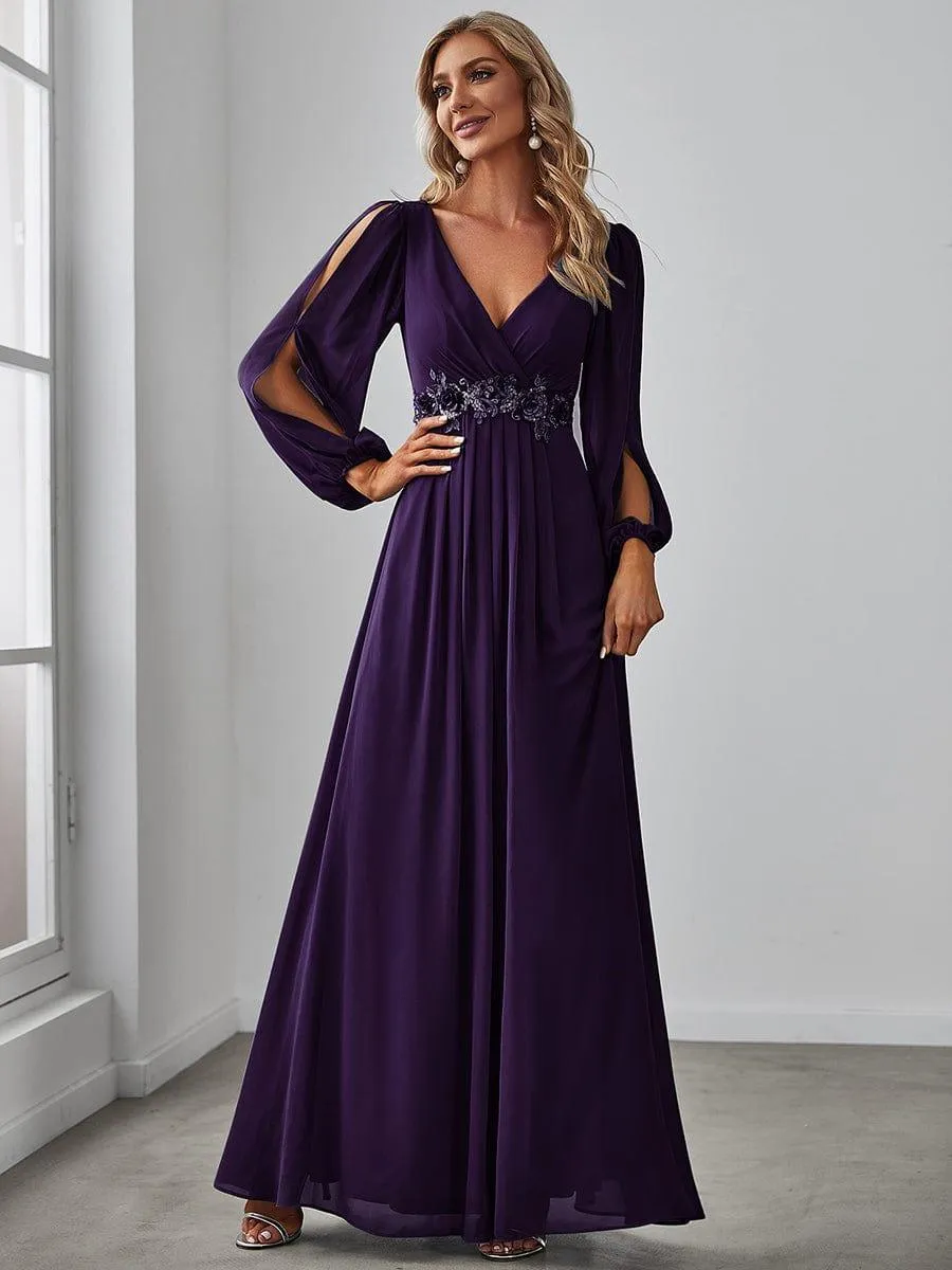 Iris | Elegant Chiffon V-Neckline Long Sleeve Formal Evening Dress
