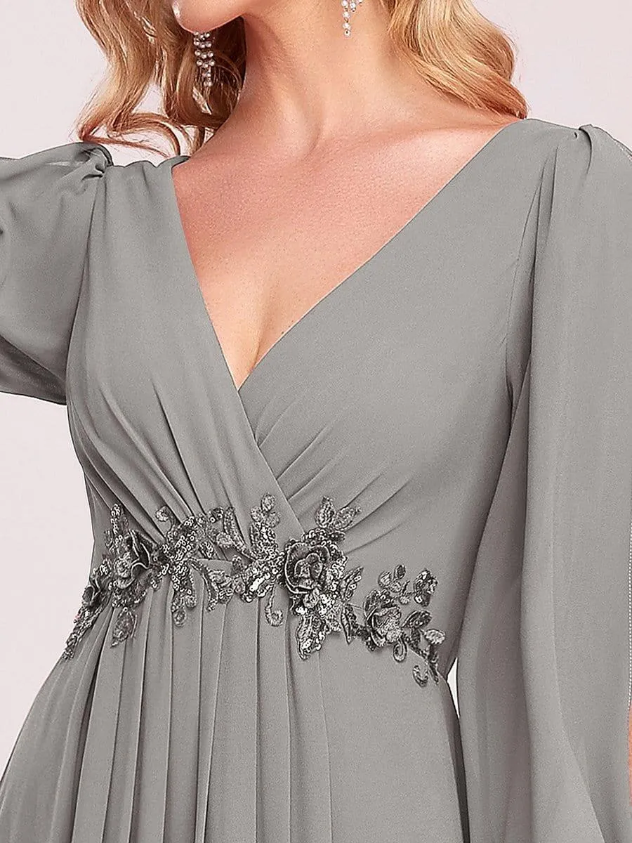 Iris | Elegant Chiffon V-Neckline Long Sleeve Formal Evening Dress