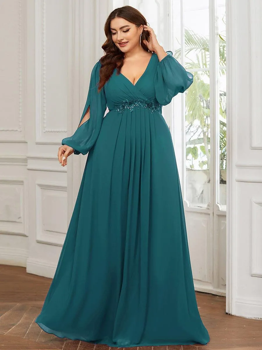 Iris | Elegant Chiffon V-Neckline Long Sleeve Formal Evening Dress