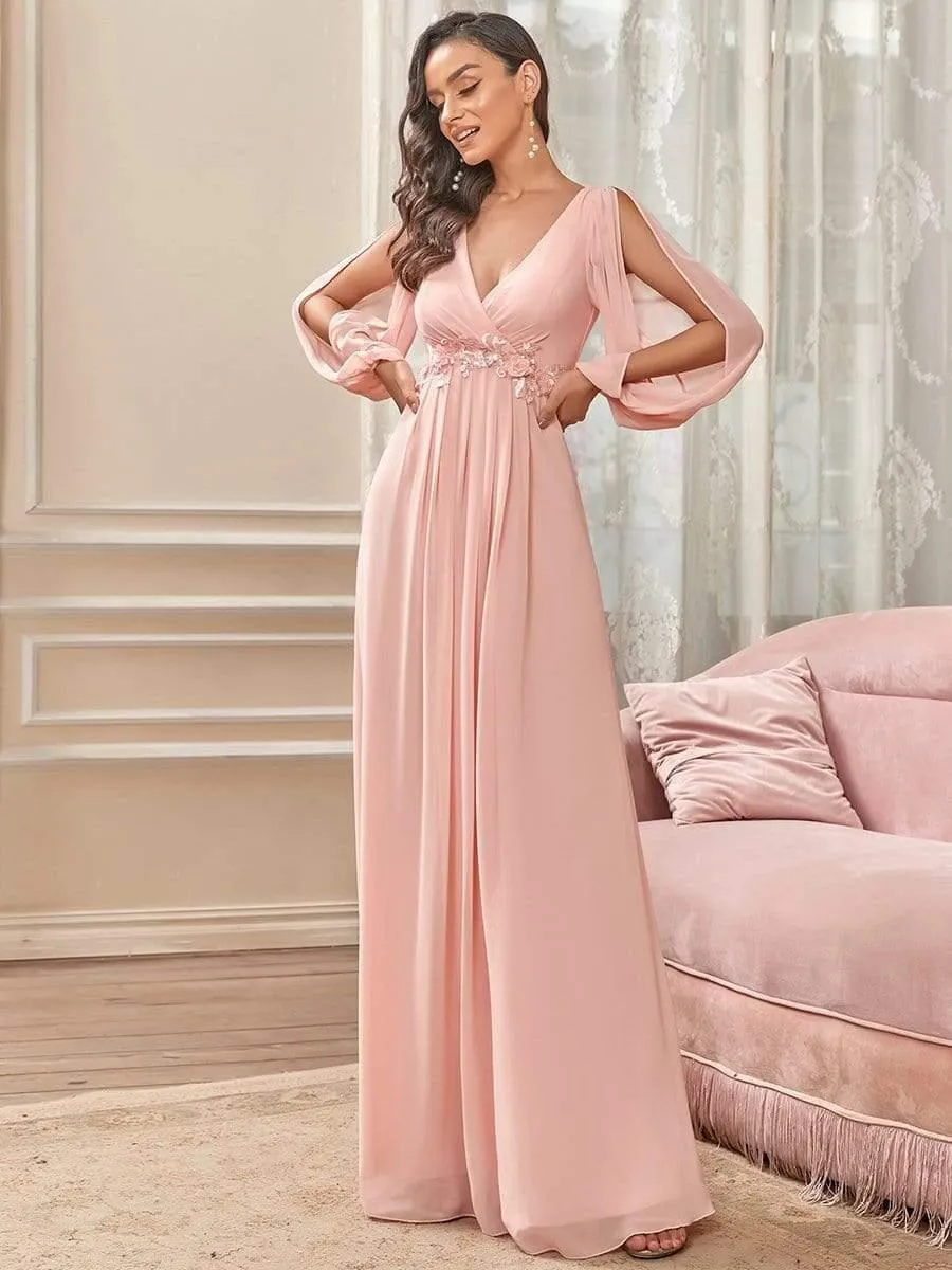 Iris | Elegant Chiffon V-Neckline Long Sleeve Formal Evening Dress