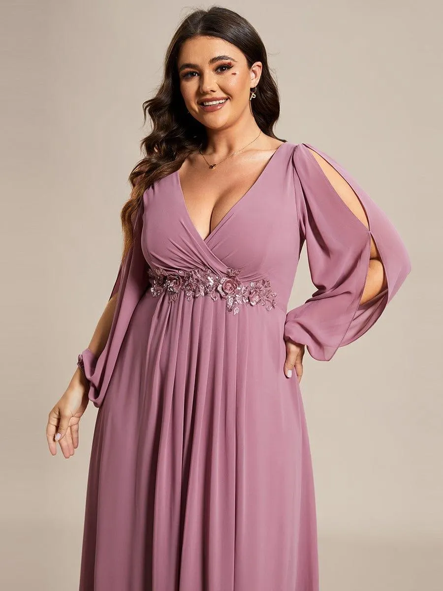Iris | Elegant Chiffon V-Neckline Long Sleeve Formal Evening Dress