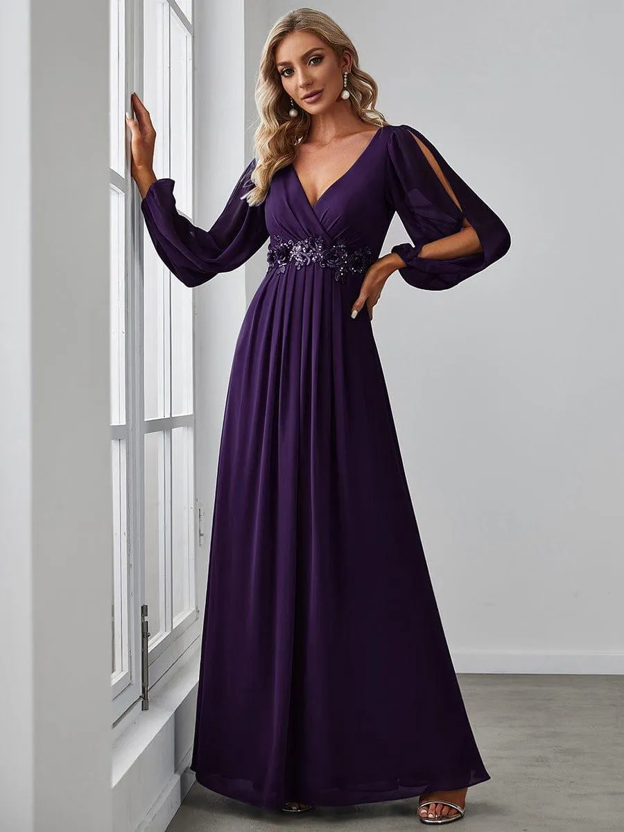 Iris | Elegant Chiffon V-Neckline Long Sleeve Formal Evening Dress