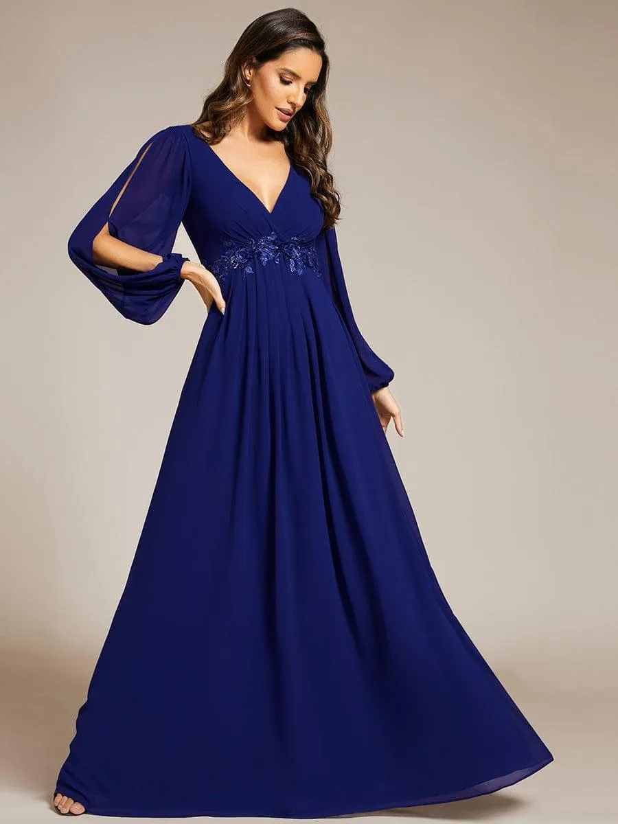 Iris | Elegant Chiffon V-Neckline Long Sleeve Formal Evening Dress