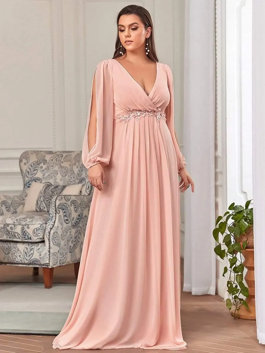 Iris | Elegant Chiffon V-Neckline Long Sleeve Formal Evening Dress