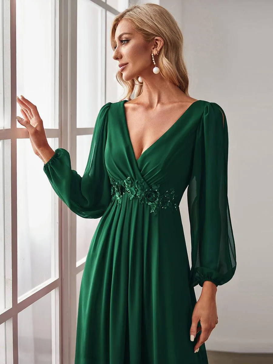 Iris | Elegant Chiffon V-Neckline Long Sleeve Formal Evening Dress