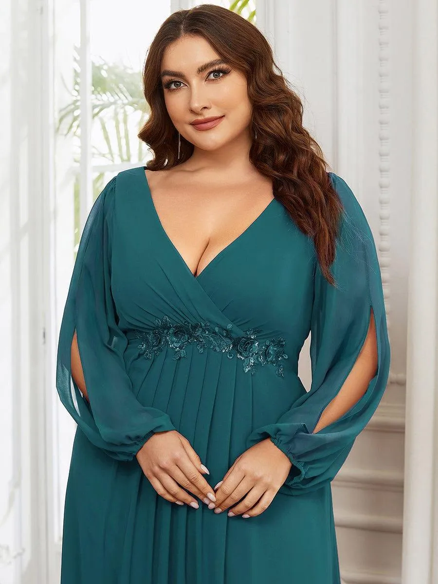 Iris | Elegant Chiffon V-Neckline Long Sleeve Formal Evening Dress