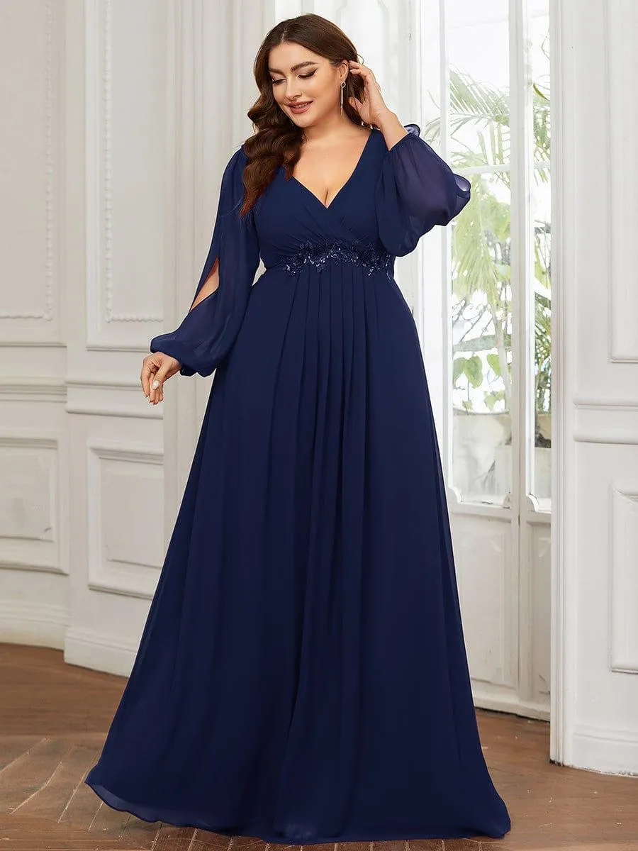 Iris | Elegant Chiffon V-Neckline Long Sleeve Formal Evening Dress