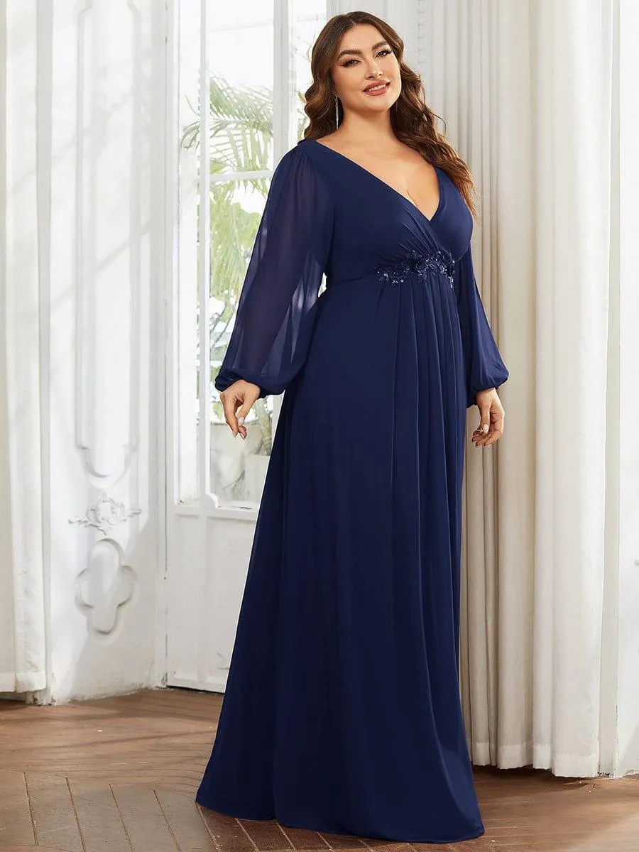 Iris | Elegant Chiffon V-Neckline Long Sleeve Formal Evening Dress