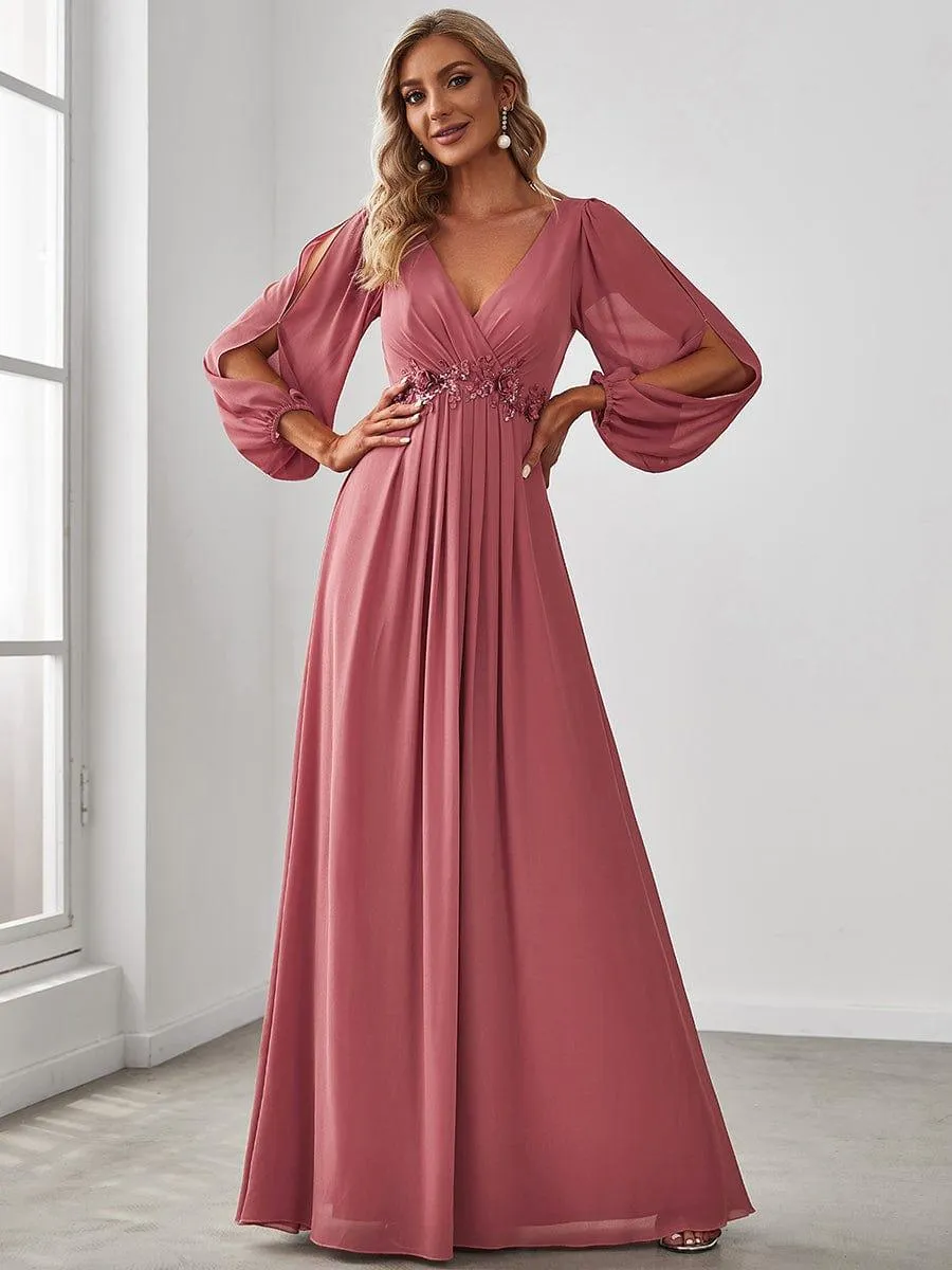 Iris | Elegant Chiffon V-Neckline Long Sleeve Formal Evening Dress