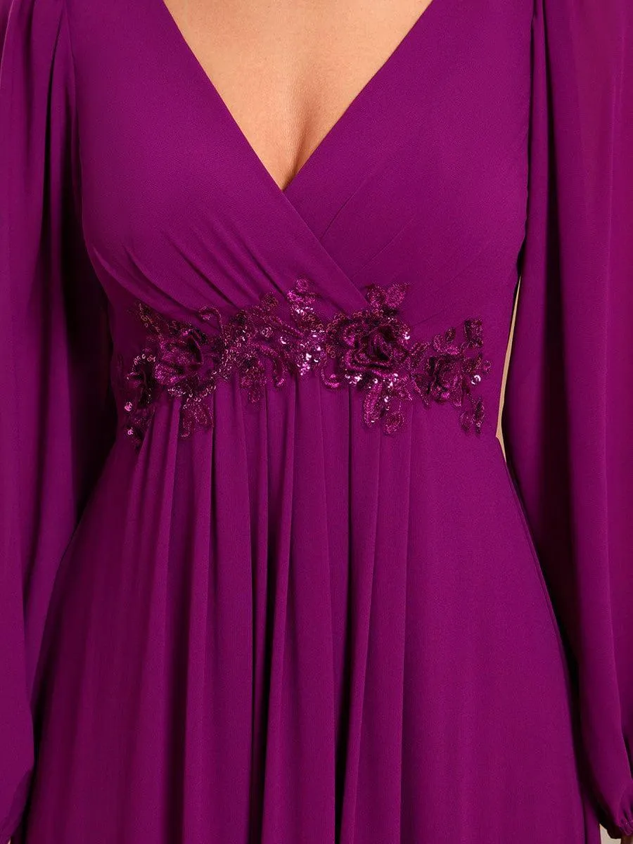 Iris | Elegant Chiffon V-Neckline Long Sleeve Formal Evening Dress