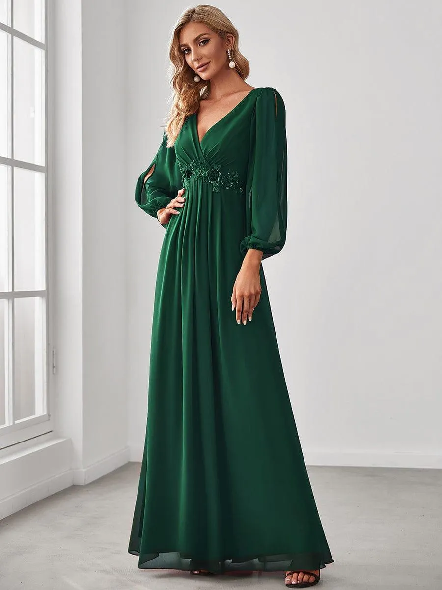 Iris | Elegant Chiffon V-Neckline Long Sleeve Formal Evening Dress