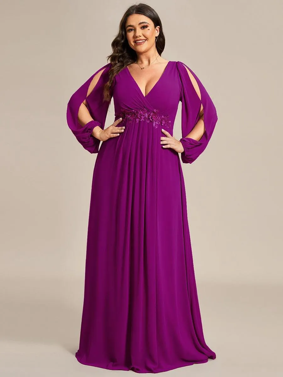 Iris | Elegant Chiffon V-Neckline Long Sleeve Formal Evening Dress