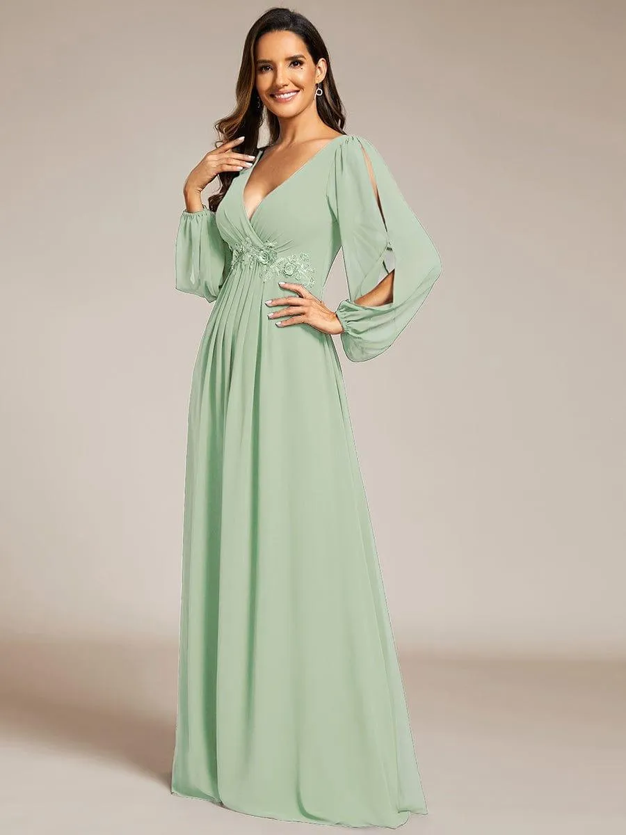 Iris | Elegant Chiffon V-Neckline Long Sleeve Formal Evening Dress