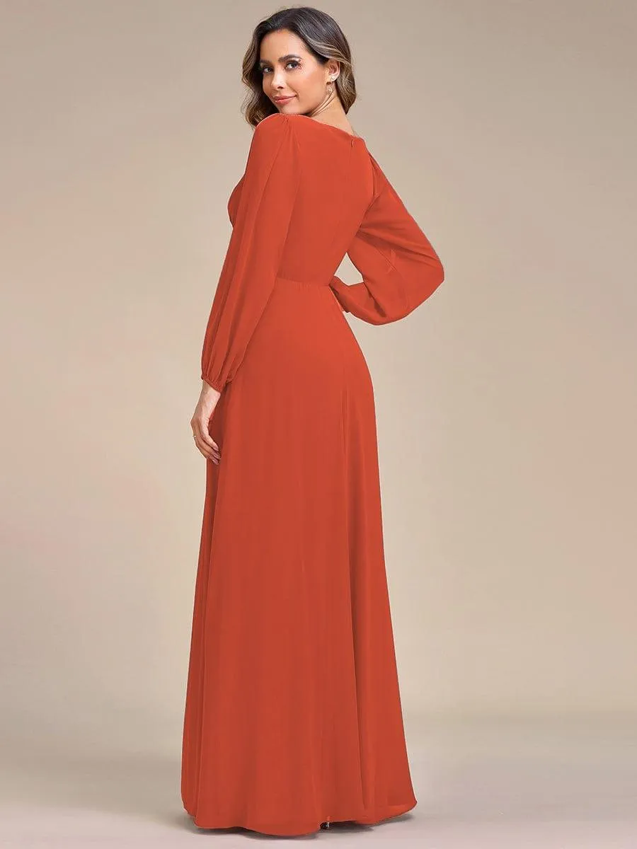 Iris | Elegant Chiffon V-Neckline Long Sleeve Formal Evening Dress