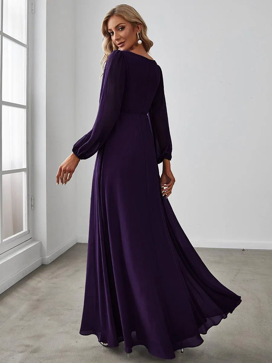 Iris | Elegant Chiffon V-Neckline Long Sleeve Formal Evening Dress