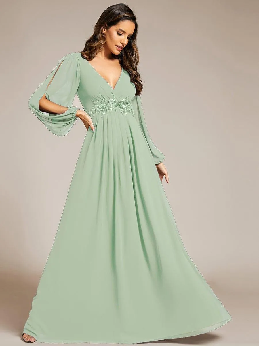Iris | Elegant Chiffon V-Neckline Long Sleeve Formal Evening Dress