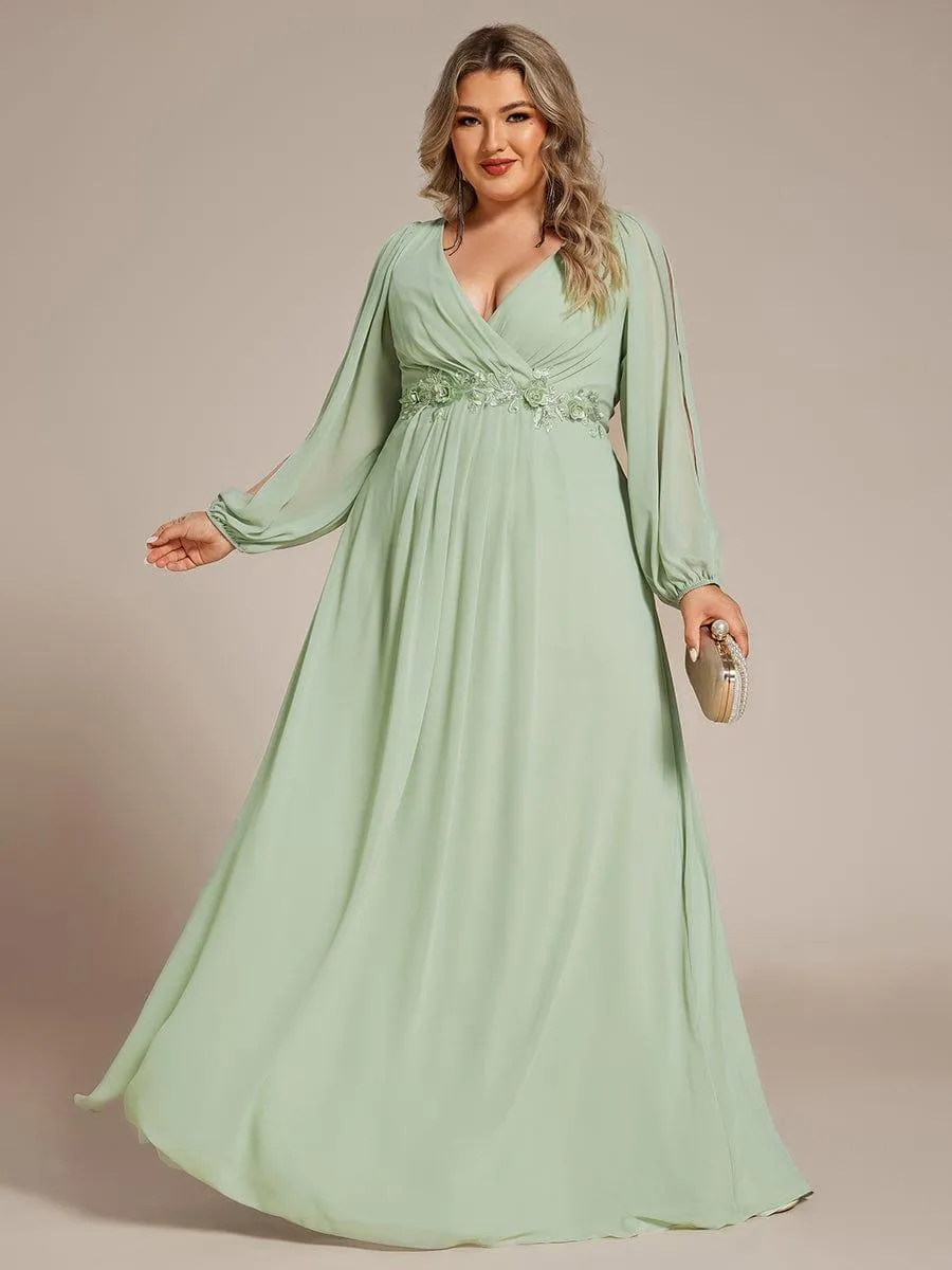 Iris | Elegant Chiffon V-Neckline Long Sleeve Formal Evening Dress