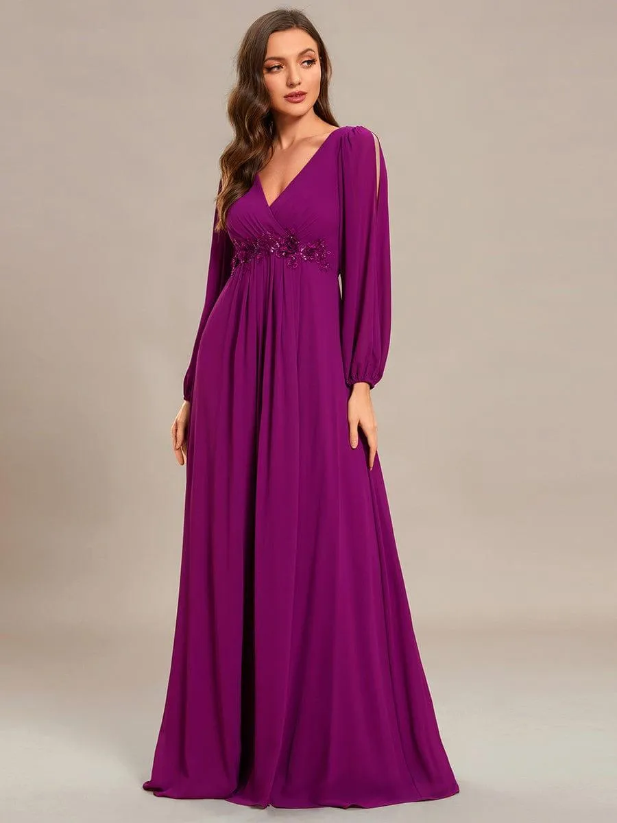 Iris | Elegant Chiffon V-Neckline Long Sleeve Formal Evening Dress