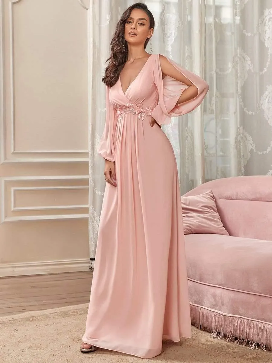 Iris | Elegant Chiffon V-Neckline Long Sleeve Formal Evening Dress