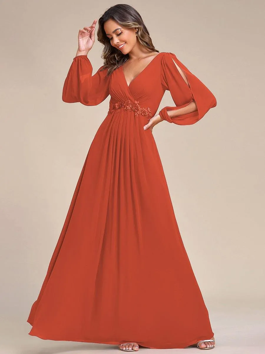 Iris | Elegant Chiffon V-Neckline Long Sleeve Formal Evening Dress