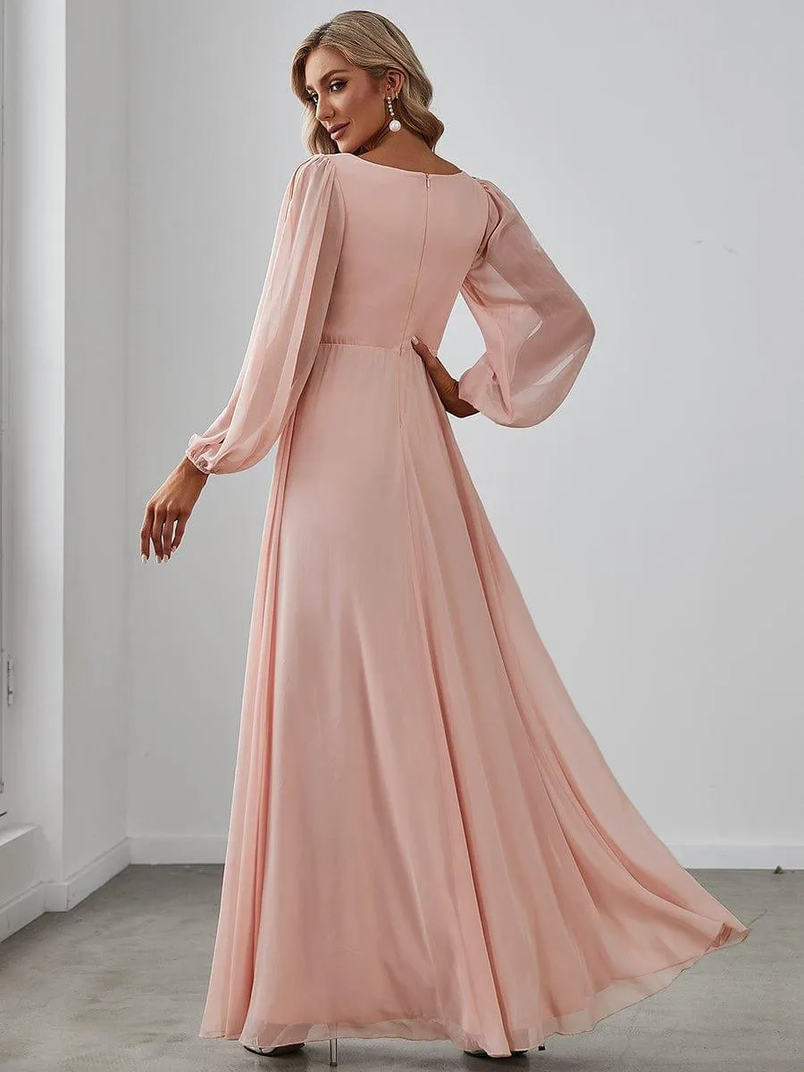 Iris | Elegant Chiffon V-Neckline Long Sleeve Formal Evening Dress