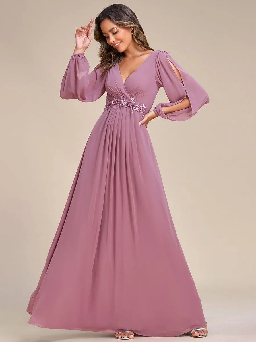 Iris | Elegant Chiffon V-Neckline Long Sleeve Formal Evening Dress