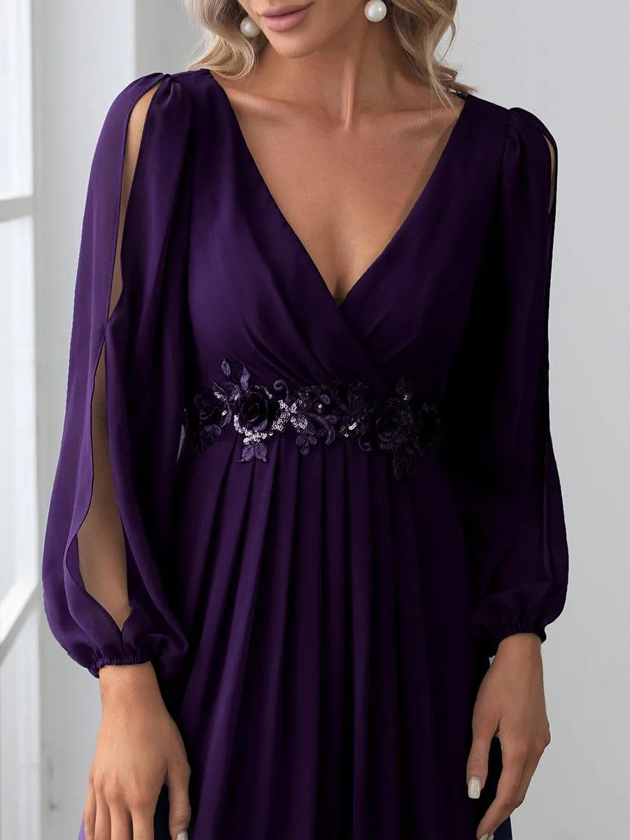 Iris | Elegant Chiffon V-Neckline Long Sleeve Formal Evening Dress