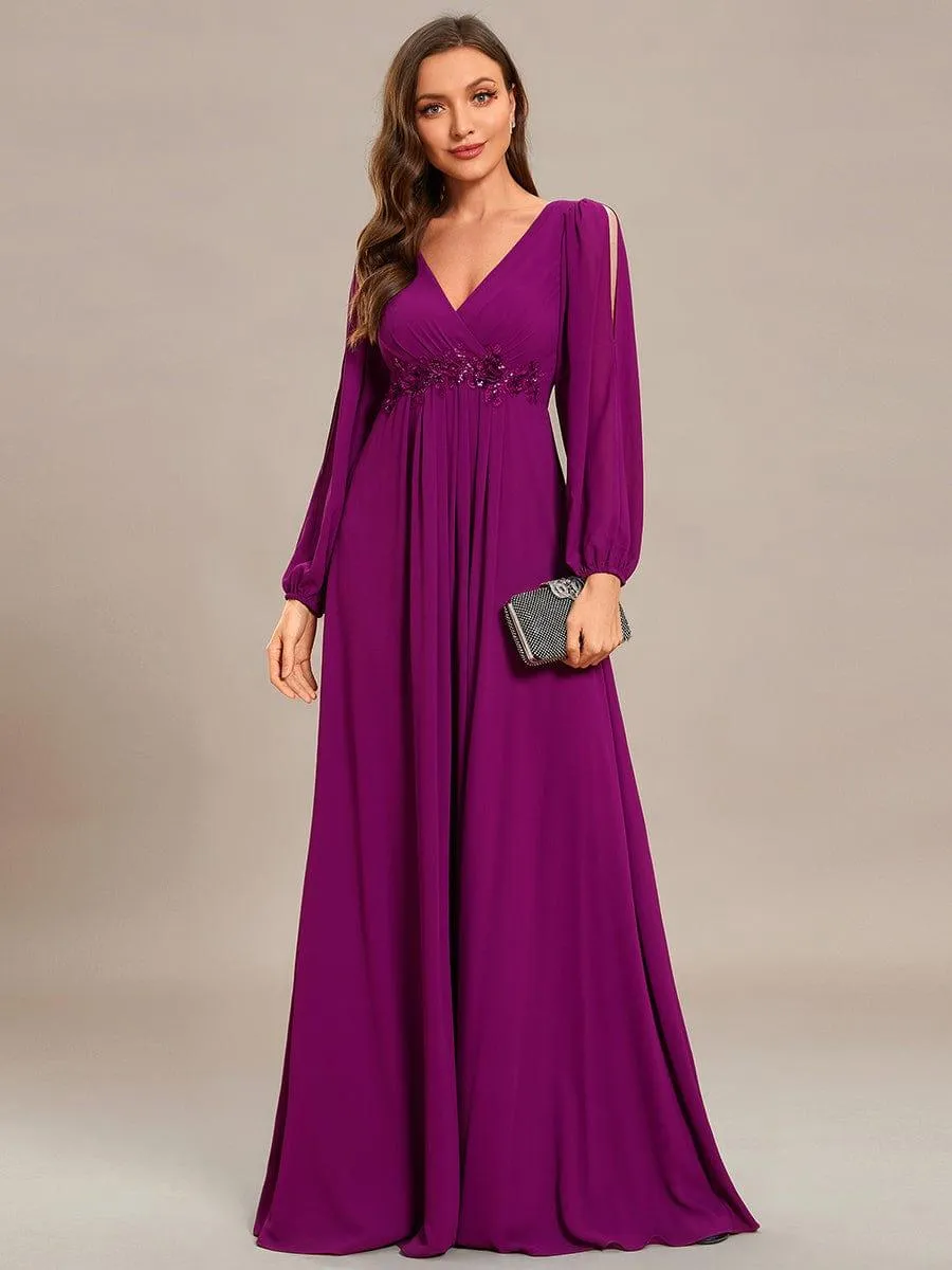 Iris | Elegant Chiffon V-Neckline Long Sleeve Formal Evening Dress