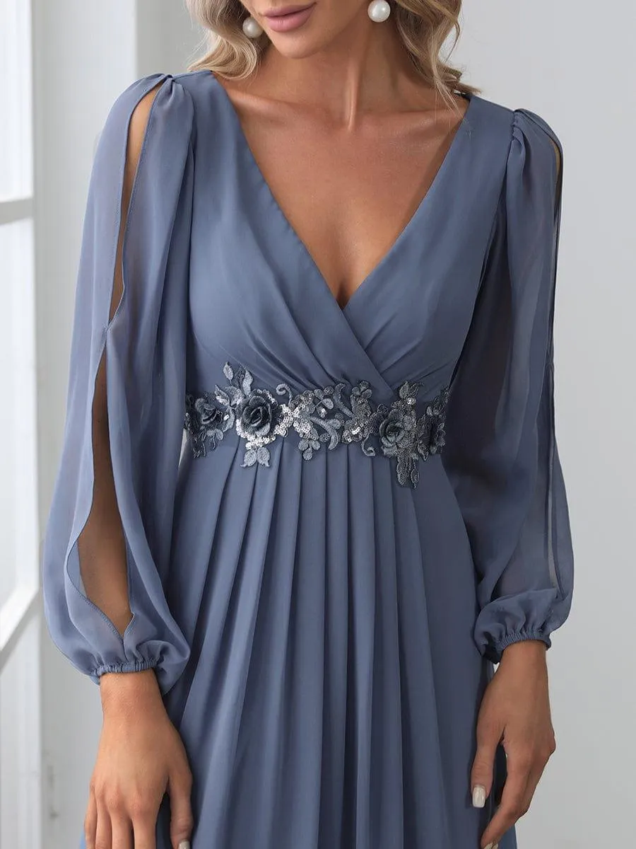 Iris | Elegant Chiffon V-Neckline Long Sleeve Formal Evening Dress