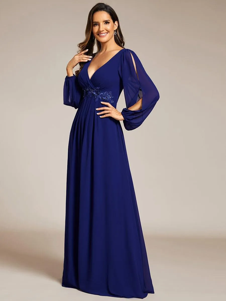 Iris | Elegant Chiffon V-Neckline Long Sleeve Formal Evening Dress