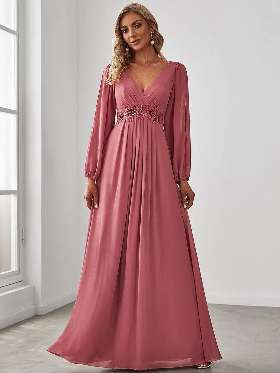 Iris | Elegant Chiffon V-Neckline Long Sleeve Formal Evening Dress