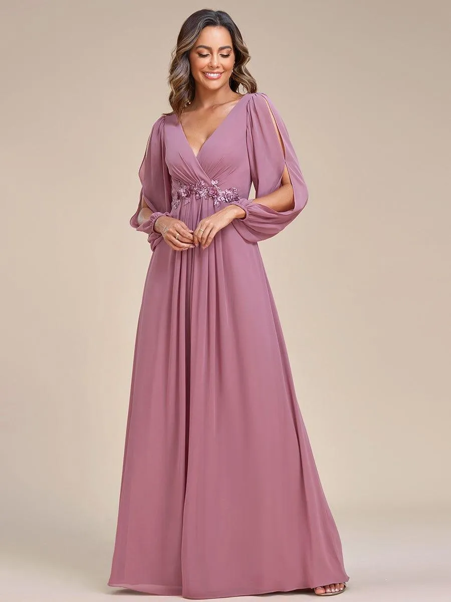 Iris | Elegant Chiffon V-Neckline Long Sleeve Formal Evening Dress
