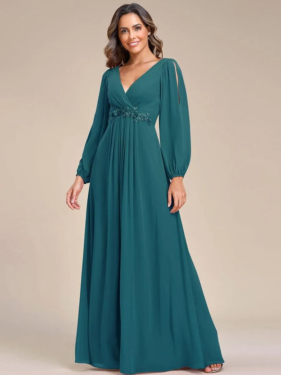 Iris | Elegant Chiffon V-Neckline Long Sleeve Formal Evening Dress