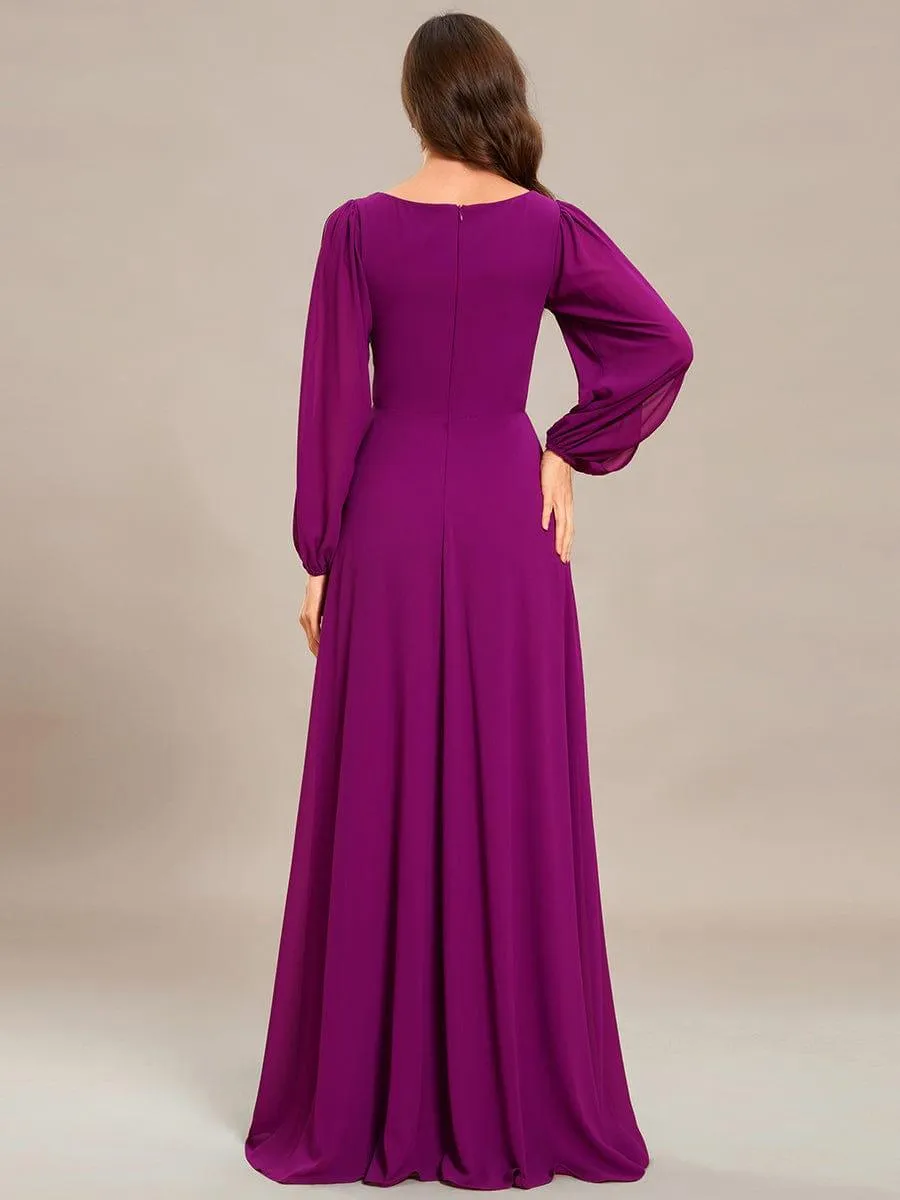 Iris | Elegant Chiffon V-Neckline Long Sleeve Formal Evening Dress