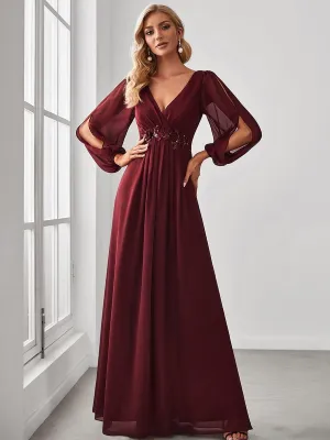 Iris | Elegant Chiffon V-Neckline Long Sleeve Formal Evening Dress