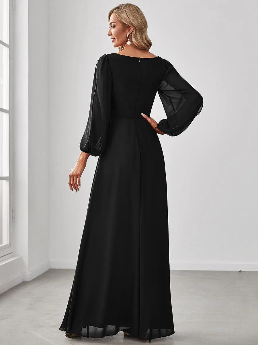 Iris | Elegant Chiffon V-Neckline Long Sleeve Formal Evening Dress