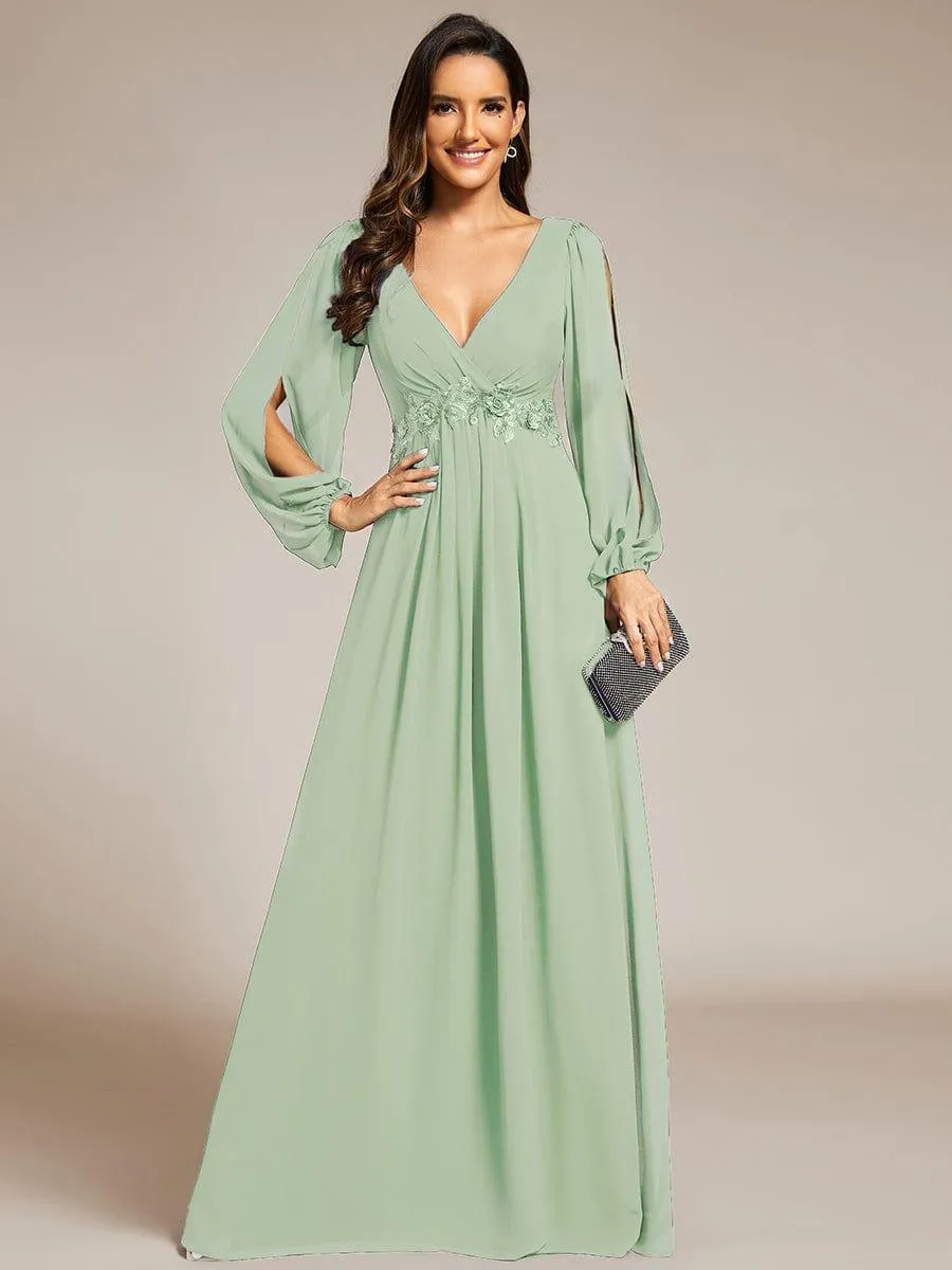 Iris | Elegant Chiffon V-Neckline Long Sleeve Formal Evening Dress