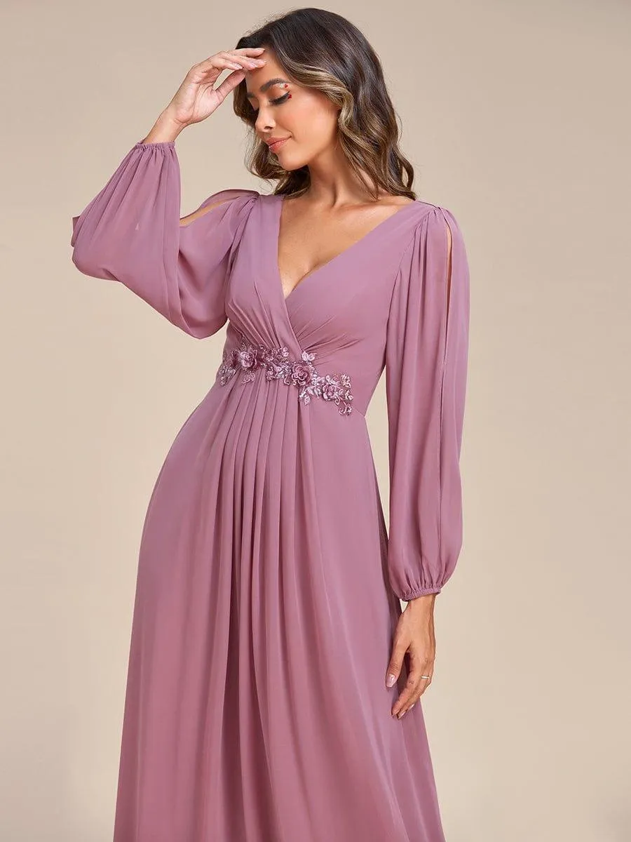 Iris | Elegant Chiffon V-Neckline Long Sleeve Formal Evening Dress