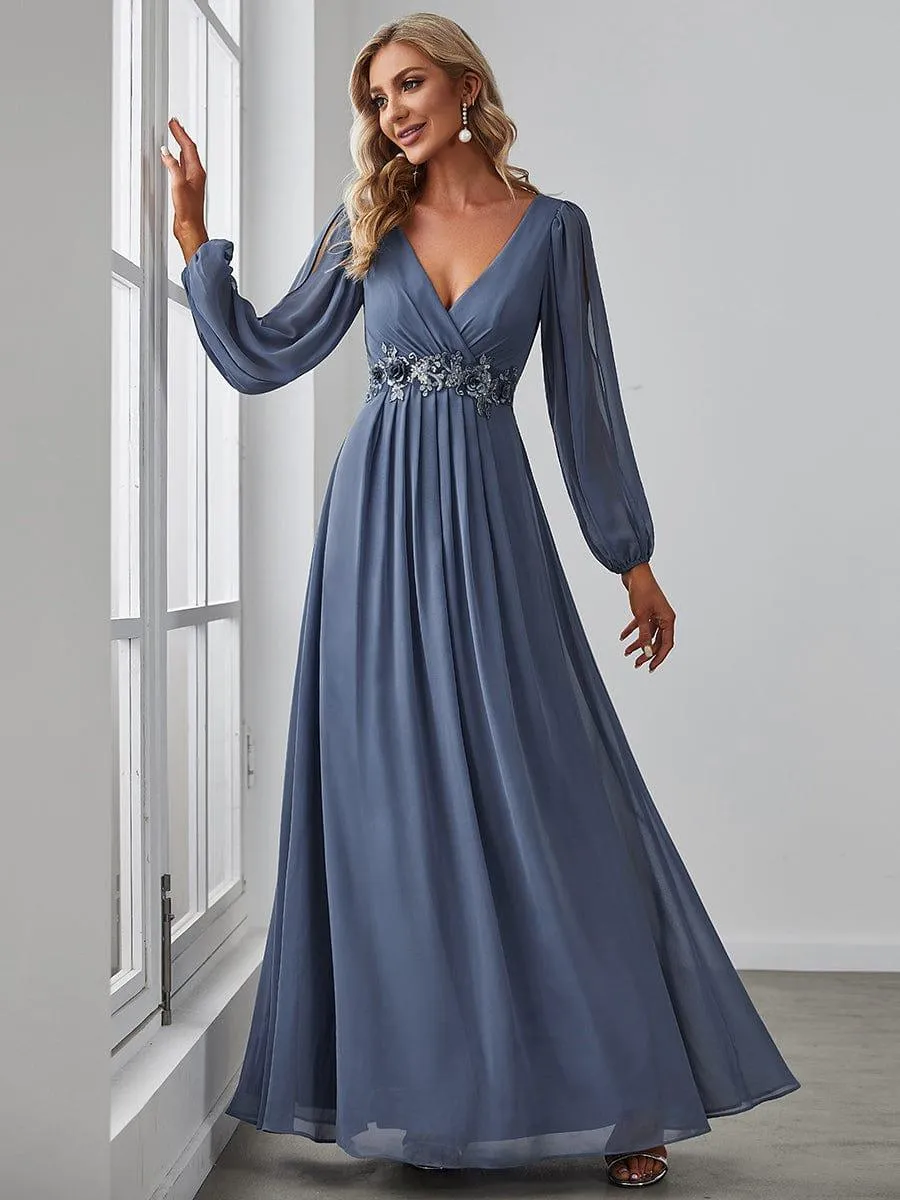 Iris | Elegant Chiffon V-Neckline Long Sleeve Formal Evening Dress