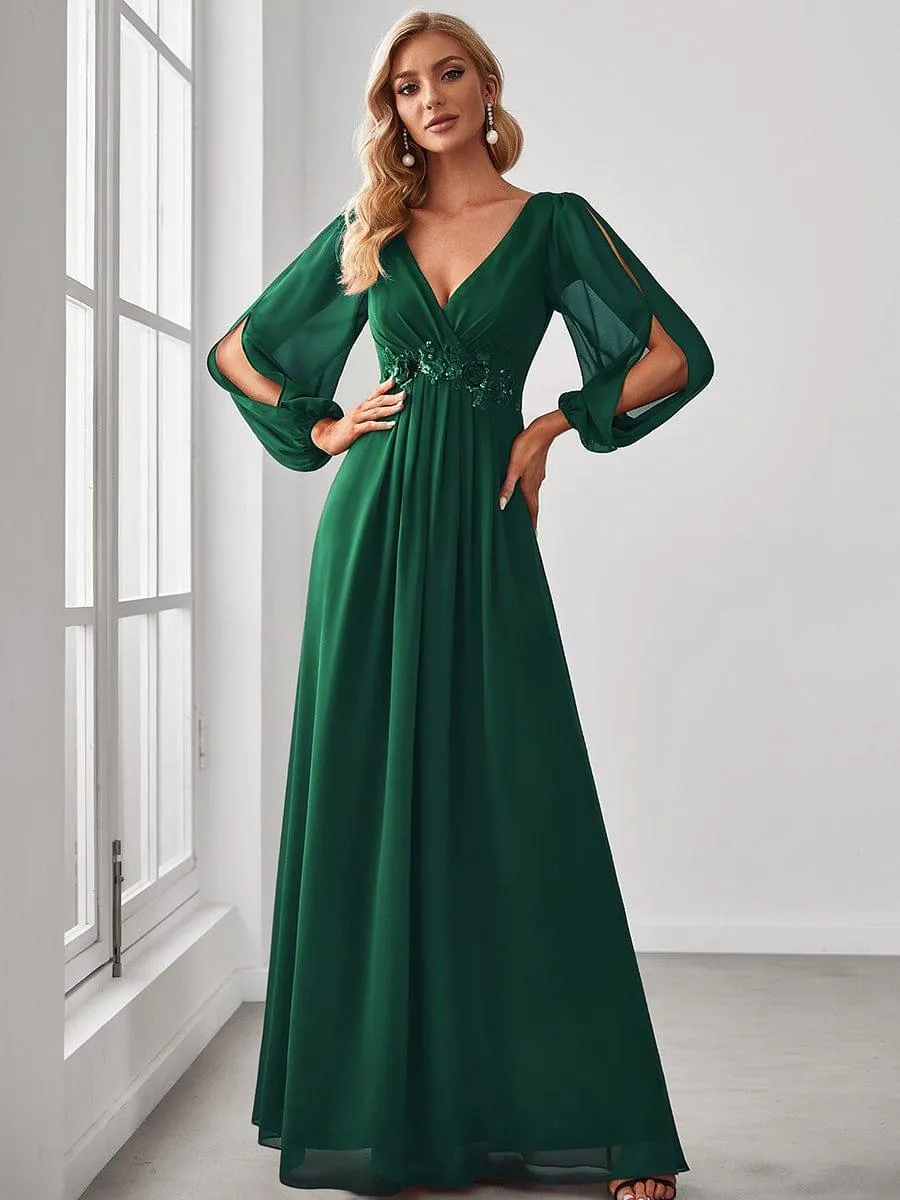Iris | Elegant Chiffon V-Neckline Long Sleeve Formal Evening Dress