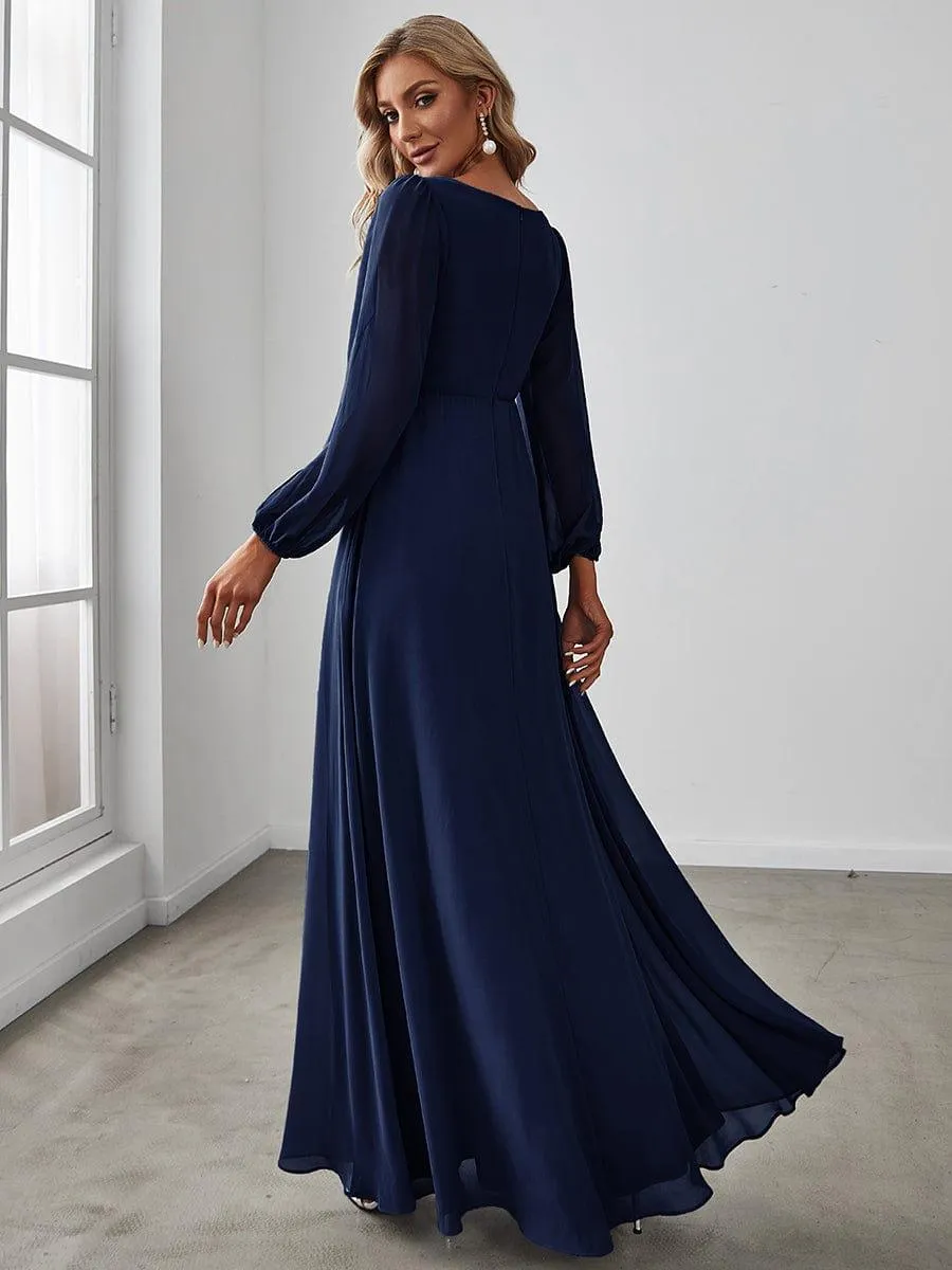 Iris | Elegant Chiffon V-Neckline Long Sleeve Formal Evening Dress