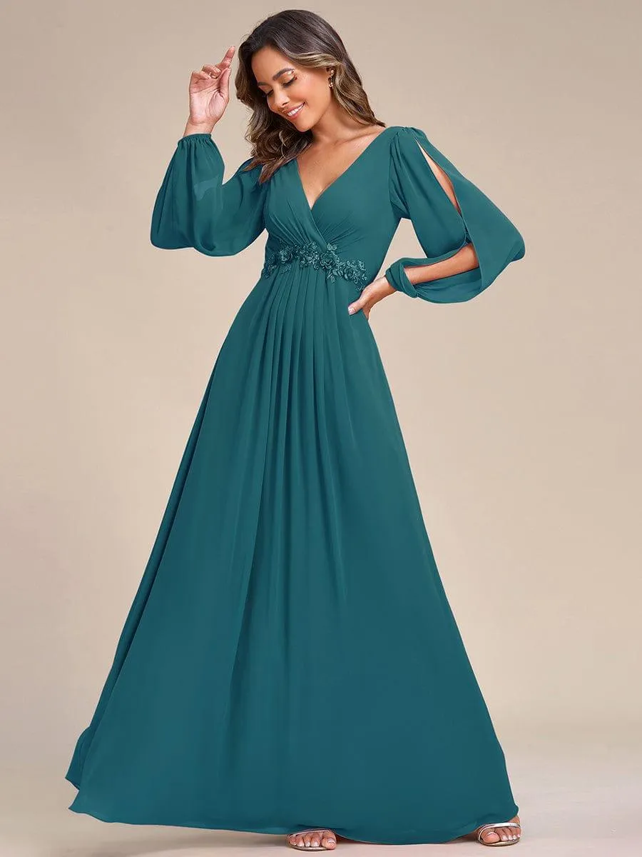 Iris | Elegant Chiffon V-Neckline Long Sleeve Formal Evening Dress