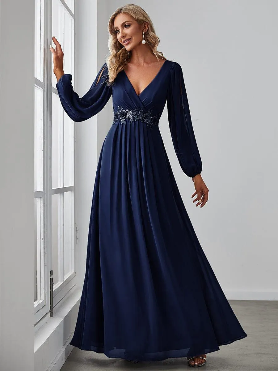 Iris | Elegant Chiffon V-Neckline Long Sleeve Formal Evening Dress