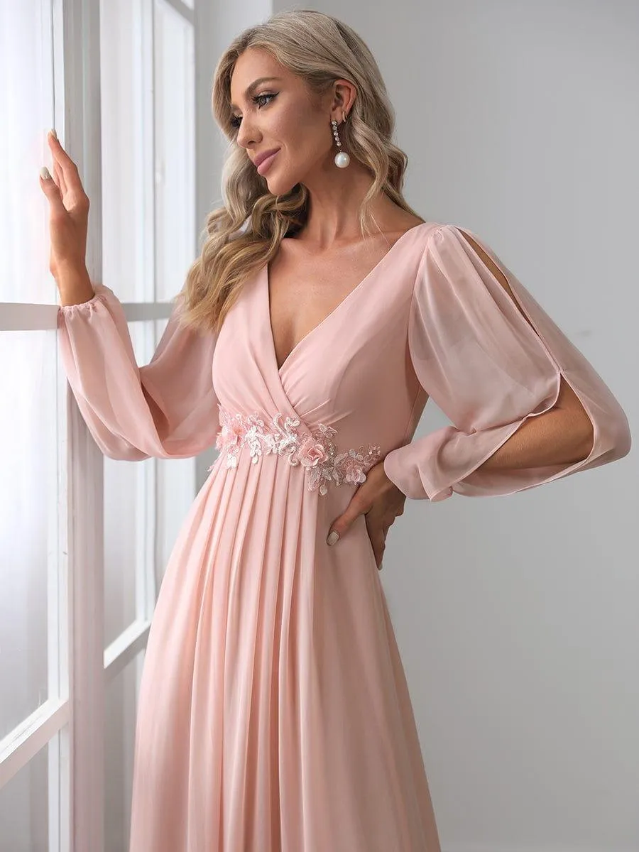 Iris | Elegant Chiffon V-Neckline Long Sleeve Formal Evening Dress