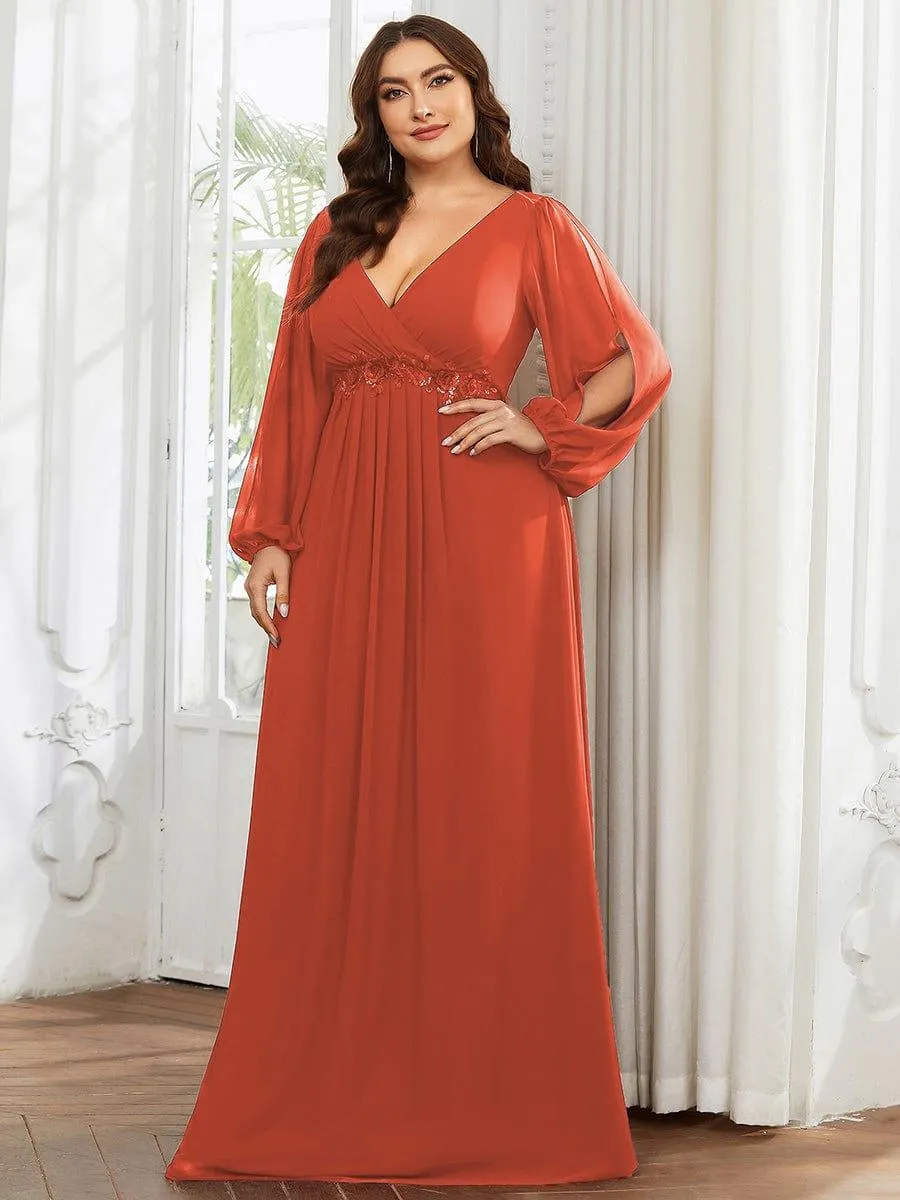 Iris | Elegant Chiffon V-Neckline Long Sleeve Formal Evening Dress