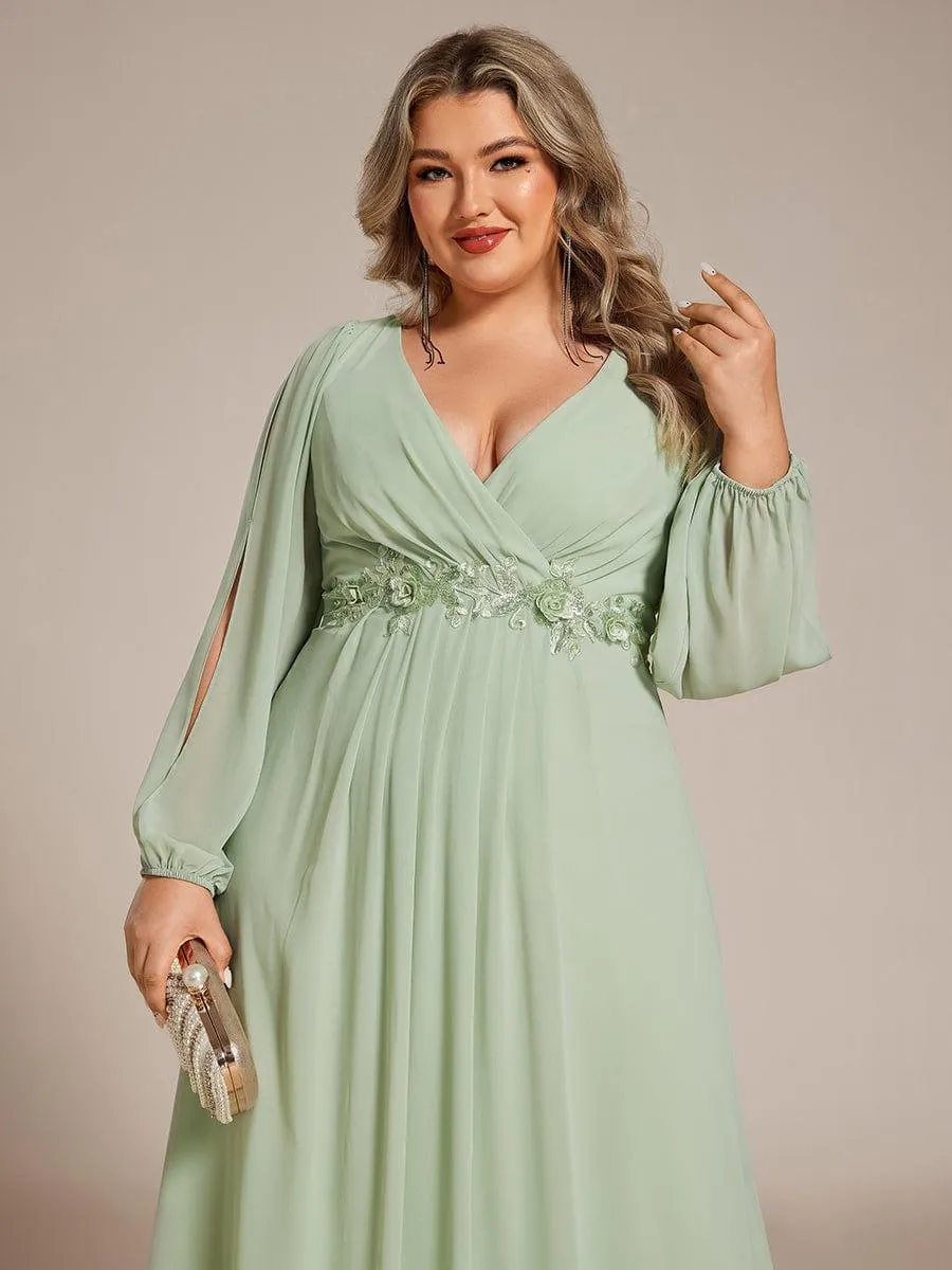 Iris | Elegant Chiffon V-Neckline Long Sleeve Formal Evening Dress