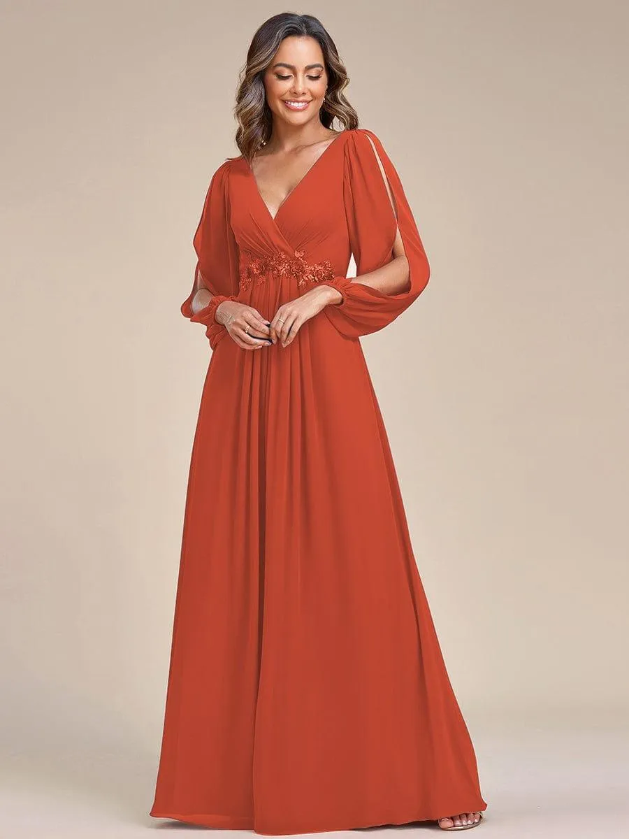Iris | Elegant Chiffon V-Neckline Long Sleeve Formal Evening Dress