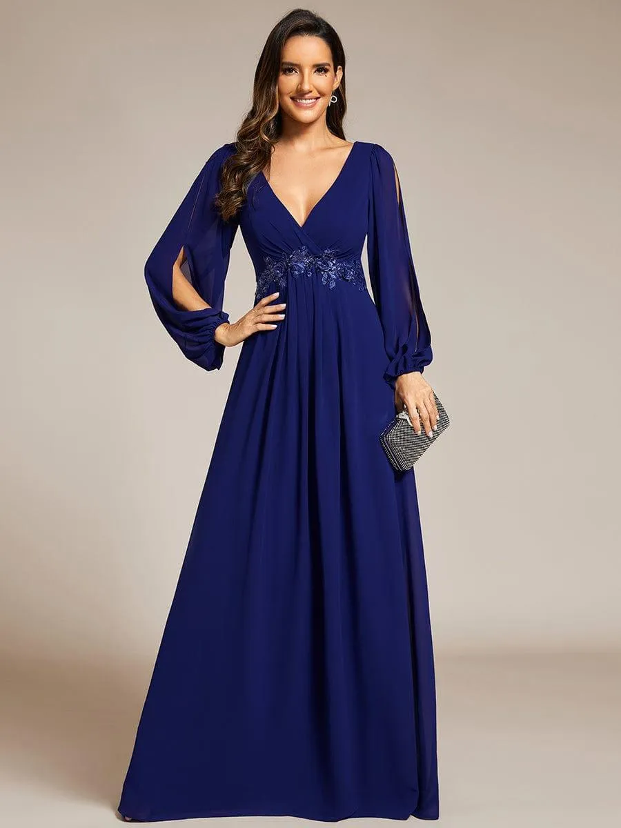 Iris | Elegant Chiffon V-Neckline Long Sleeve Formal Evening Dress