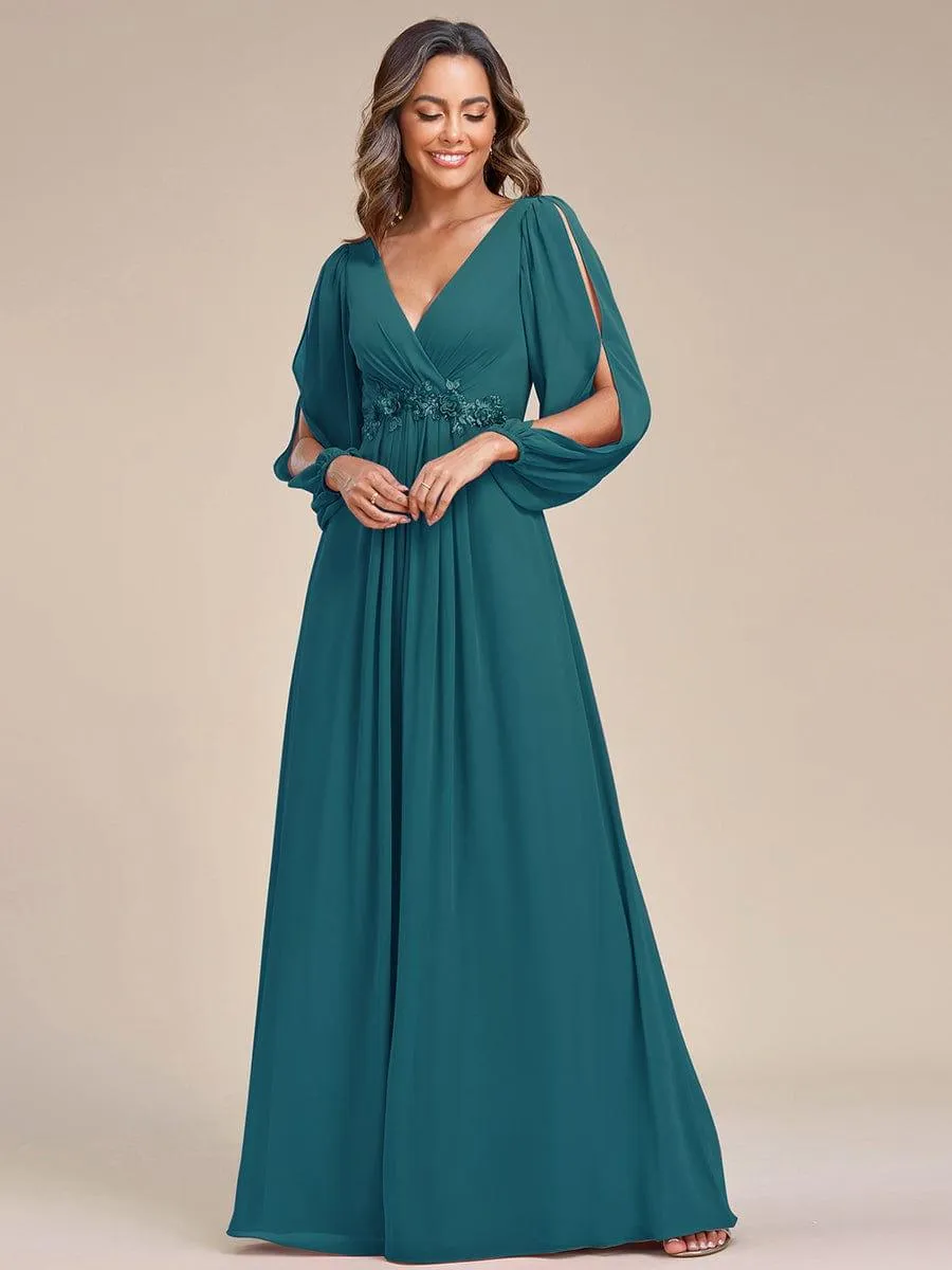 Iris | Elegant Chiffon V-Neckline Long Sleeve Formal Evening Dress