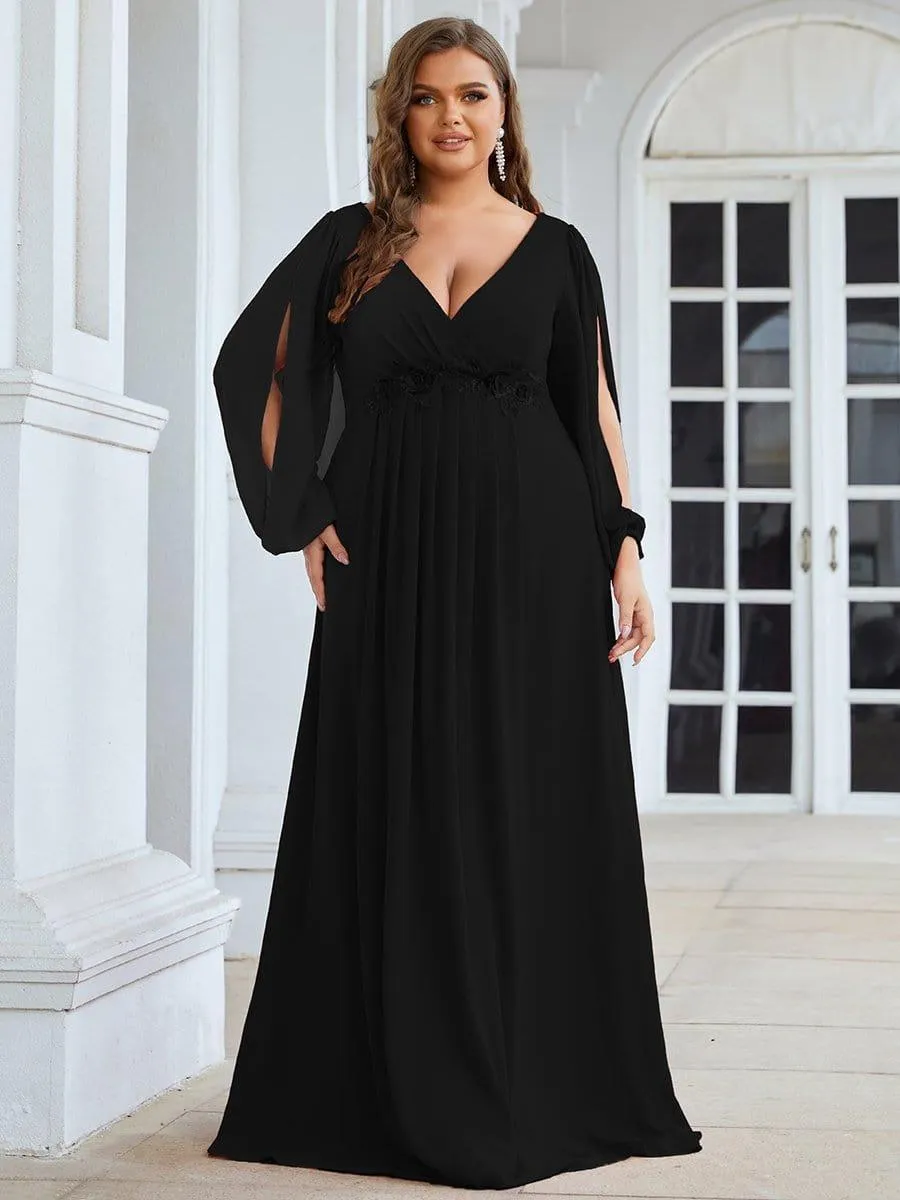 Iris | Elegant Chiffon V-Neckline Long Sleeve Formal Evening Dress